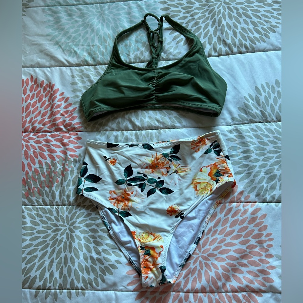 Cupshe, green and white high waisted bikini